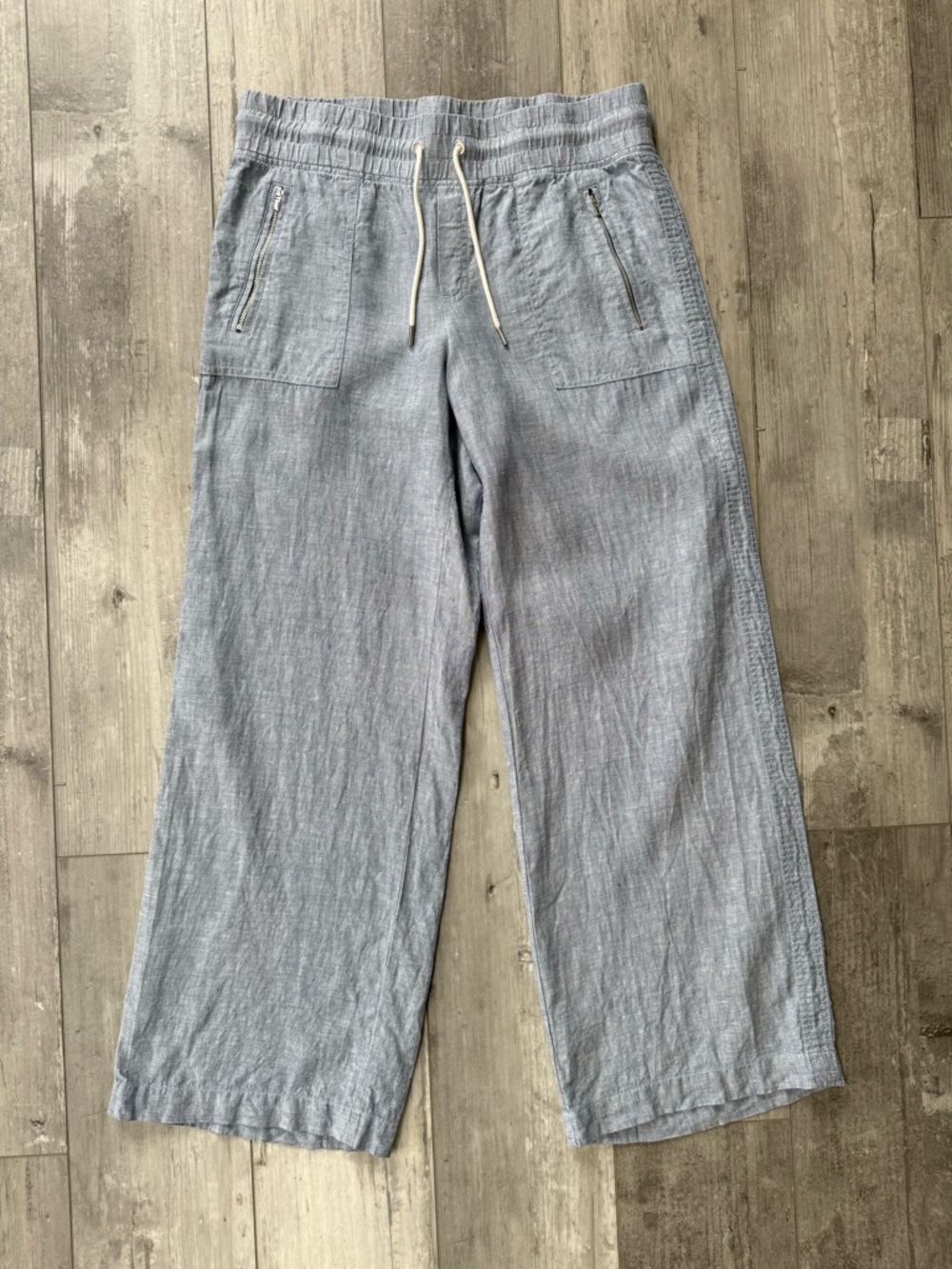 Athleta Cabo Linen Wide Leg Pants 10 Light Blue Elastic Waist Drawstring